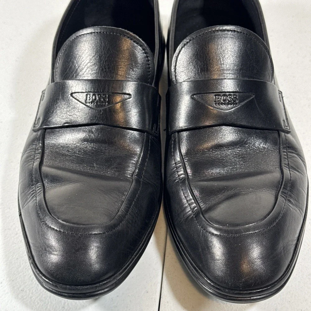HUGO BOSS Shoes Mens Size 8 Black Leather Penny Loafer Slip On Casual Almond Toe